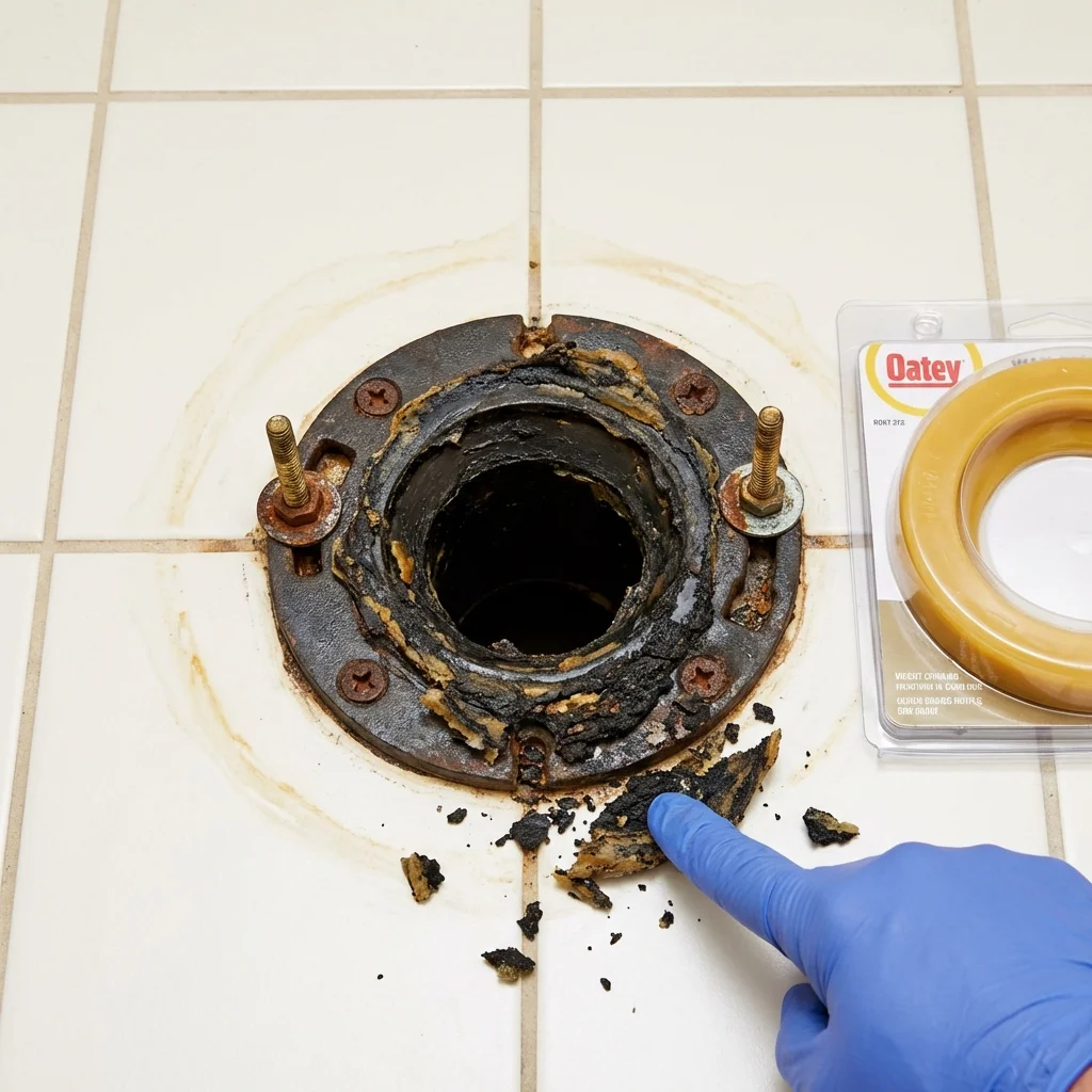 Failed wax ring showing water seepage at the base of a toilet in a Jacksonville, NC home